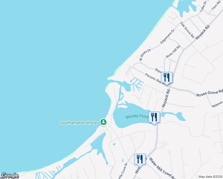 map of restaurants, bars, coffee shops, grocery stores, and more near 41 East Beach Drive in Southampton