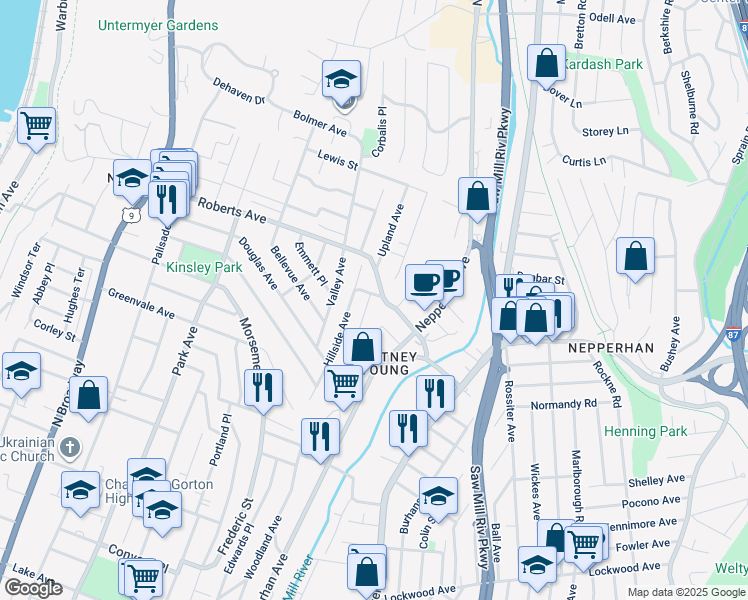 map of restaurants, bars, coffee shops, grocery stores, and more near 370 Roberts Avenue in Yonkers