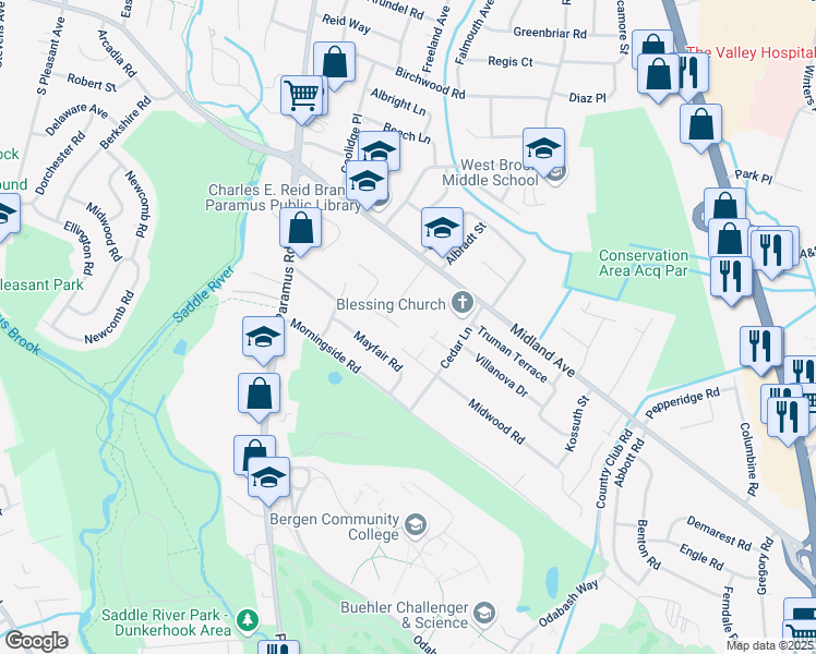 map of restaurants, bars, coffee shops, grocery stores, and more near 3 Cedar Lane in Paramus