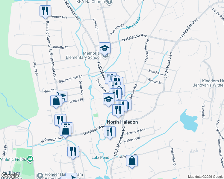 map of restaurants, bars, coffee shops, grocery stores, and more near 575 High Mountain Road in North Haledon