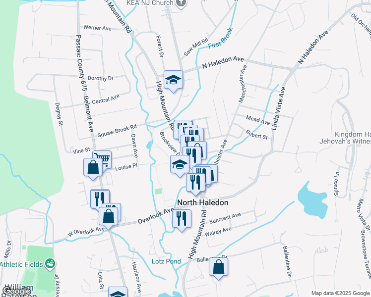 map of restaurants, bars, coffee shops, grocery stores, and more near 581 High Mountain Road in North Haledon