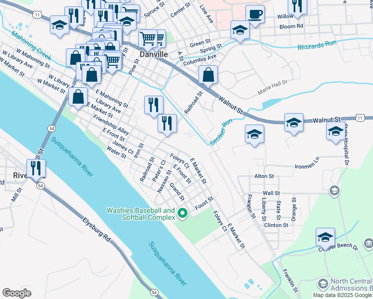 map of restaurants, bars, coffee shops, grocery stores, and more near 719 E Market St in Danville