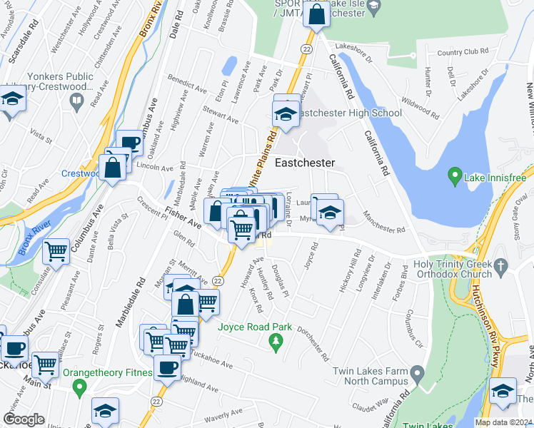 map of restaurants, bars, coffee shops, grocery stores, and more near 11 Oakridge Place in Eastchester