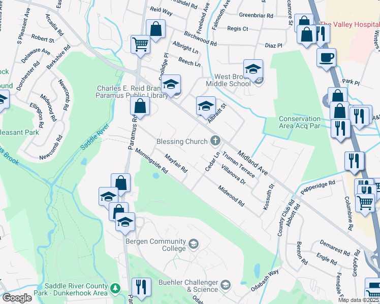 map of restaurants, bars, coffee shops, grocery stores, and more near 3 Cedar Lane in Paramus