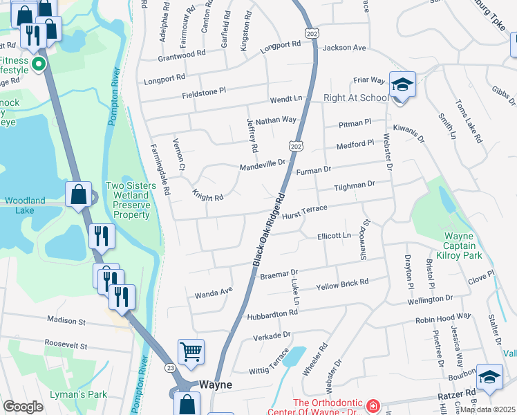 map of restaurants, bars, coffee shops, grocery stores, and more near 12 Eldorado Drive in Wayne