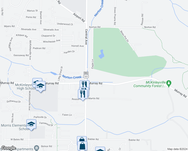 map of restaurants, bars, coffee shops, grocery stores, and more near 2870 Central Avenue in McKinleyville