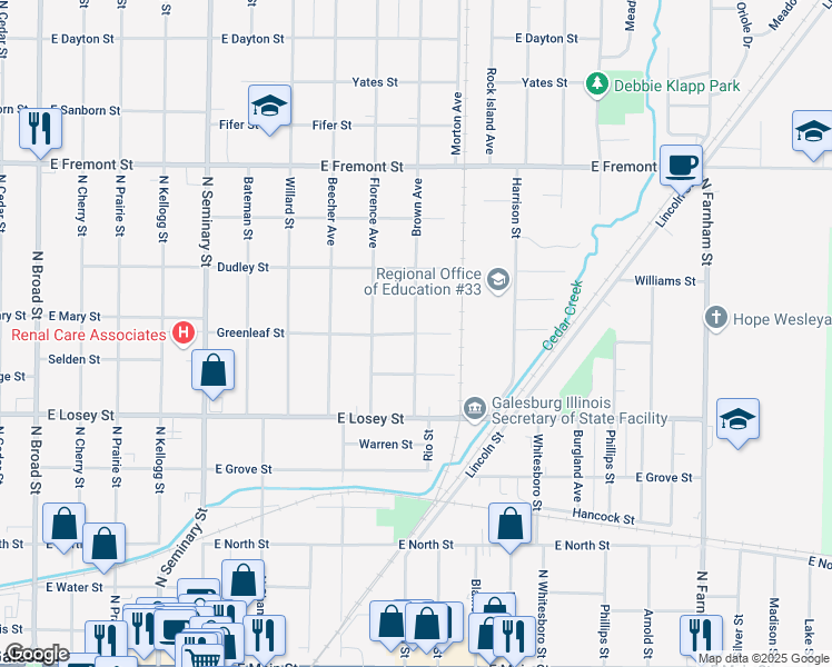 map of restaurants, bars, coffee shops, grocery stores, and more near 901 Greenleaf Street in Galesburg