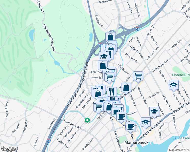 map of restaurants, bars, coffee shops, grocery stores, and more near 145 New Street in Mamaroneck