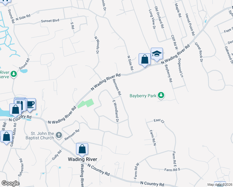 map of restaurants, bars, coffee shops, grocery stores, and more near 102 East Woodland Drive in Wading River