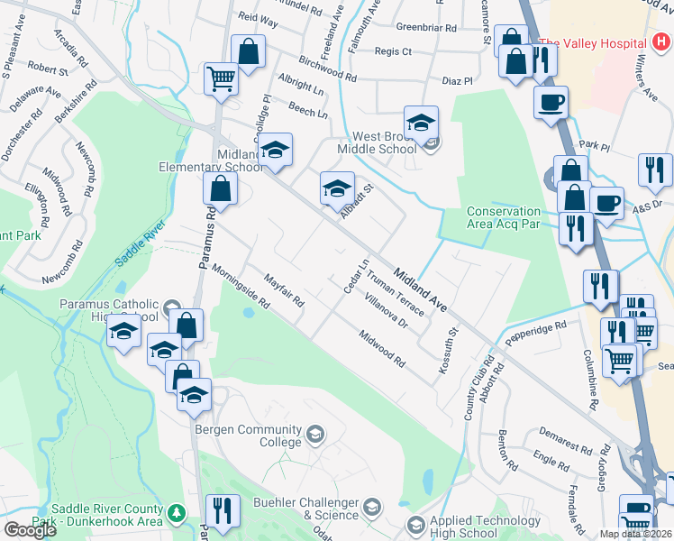 map of restaurants, bars, coffee shops, grocery stores, and more near 515 Cedar Lane in Paramus
