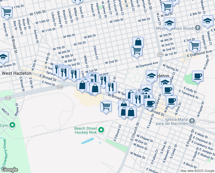 map of restaurants, bars, coffee shops, grocery stores, and more near 524-526 West Green Street in Hazleton
