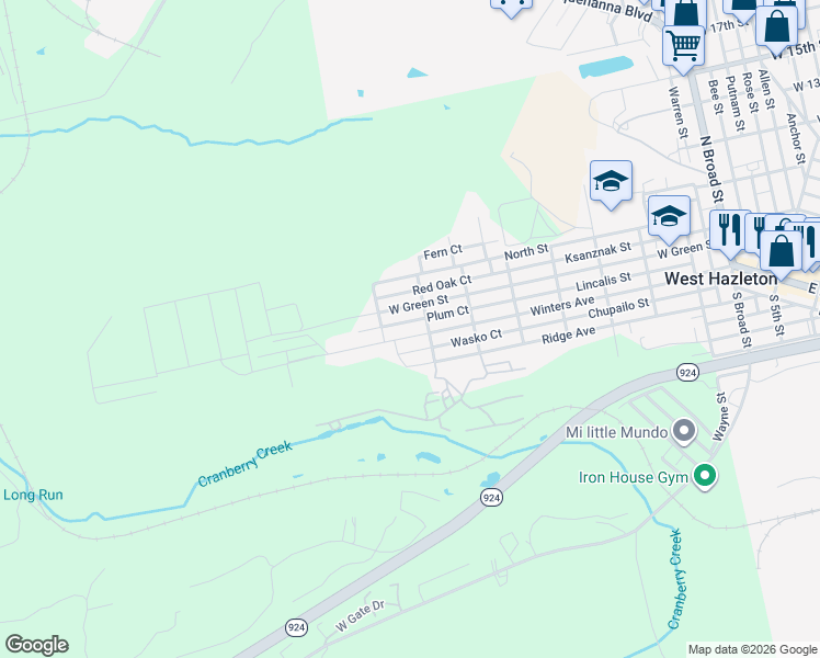 map of restaurants, bars, coffee shops, grocery stores, and more near Plum Court in Luzerne County