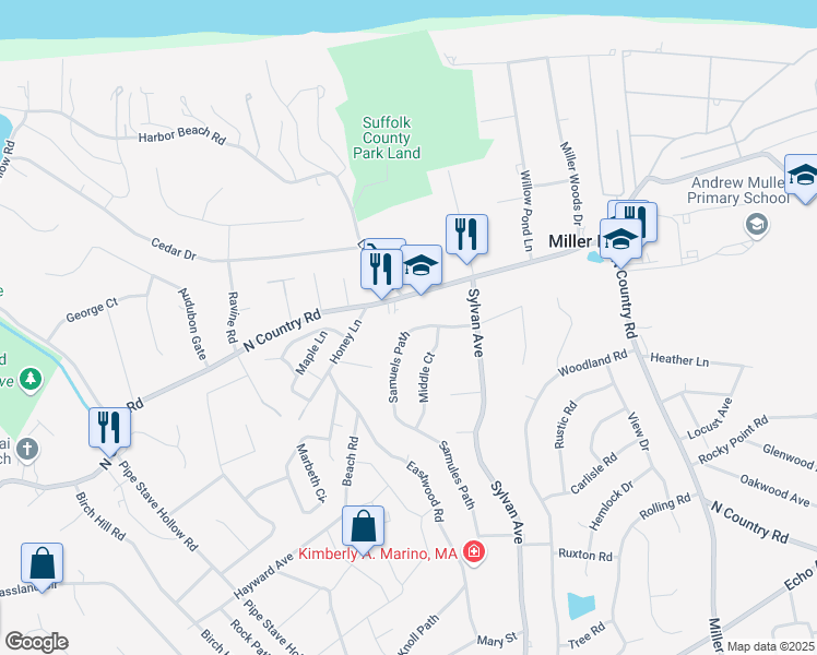 map of restaurants, bars, coffee shops, grocery stores, and more near 2C Samuels Path in Miller Place