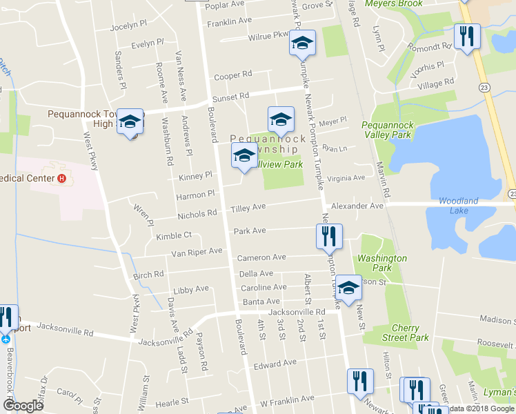 map of restaurants, bars, coffee shops, grocery stores, and more near 31 Tilley Avenue in Pequannock Township