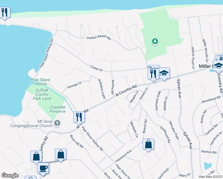 map of restaurants, bars, coffee shops, grocery stores, and more near 18 Ravine Road in Miller Place