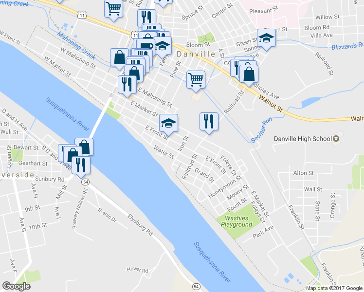 map of restaurants, bars, coffee shops, grocery stores, and more near 499 E Front St in Danville