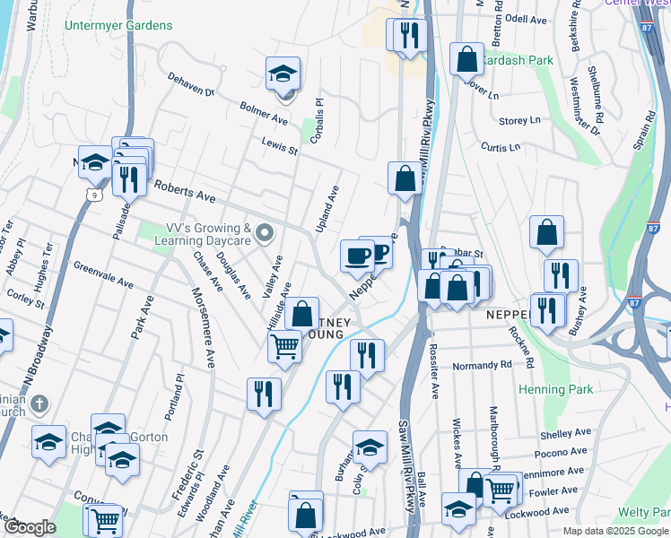 map of restaurants, bars, coffee shops, grocery stores, and more near 9 Dickinson Avenue in Yonkers