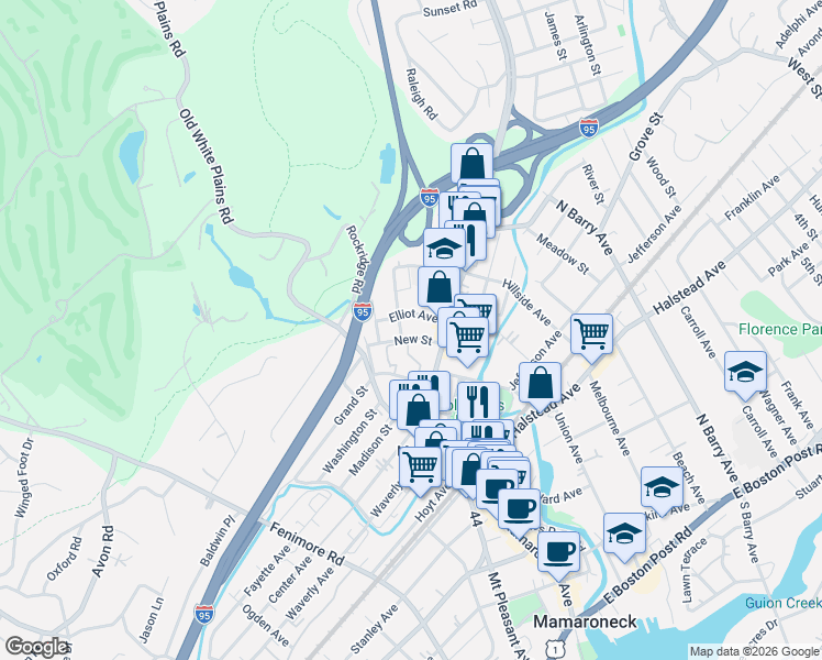 map of restaurants, bars, coffee shops, grocery stores, and more near 145 New Street in Mamaroneck