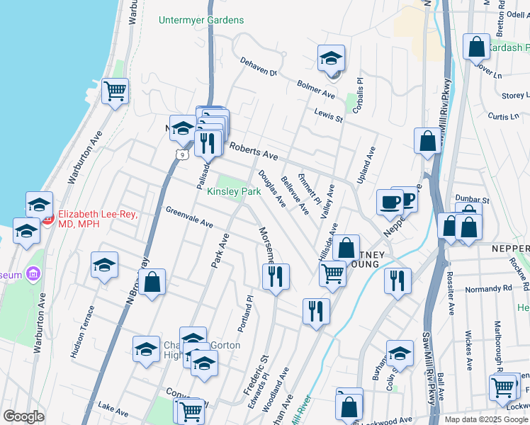 map of restaurants, bars, coffee shops, grocery stores, and more near 163 Morsemere Avenue in Yonkers