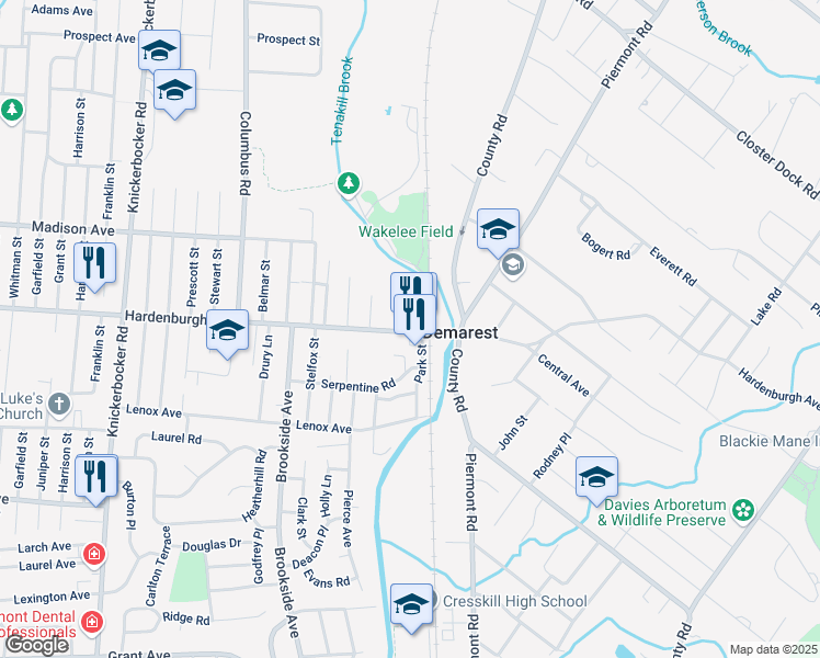 map of restaurants, bars, coffee shops, grocery stores, and more near in Demarest