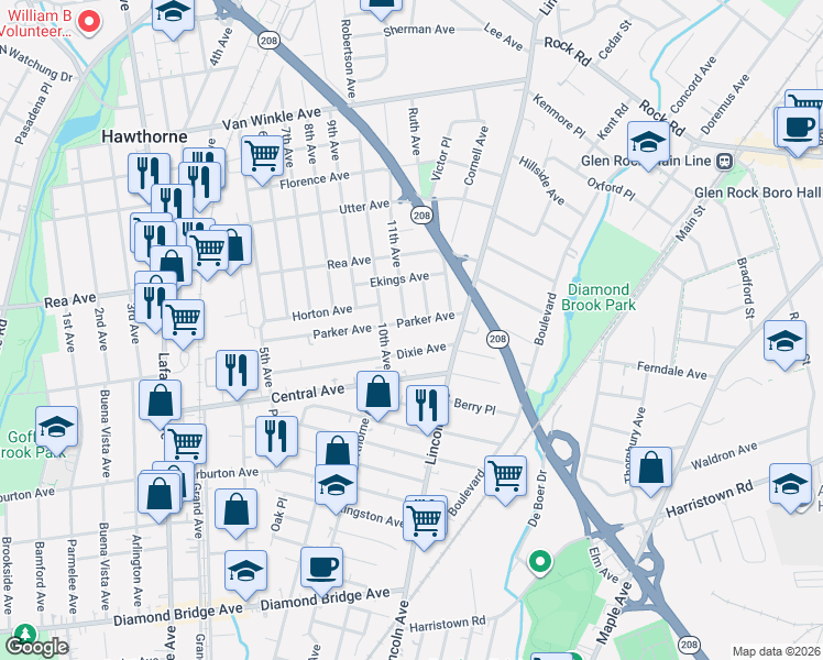map of restaurants, bars, coffee shops, grocery stores, and more near 116 Parker Avenue in Hawthorne