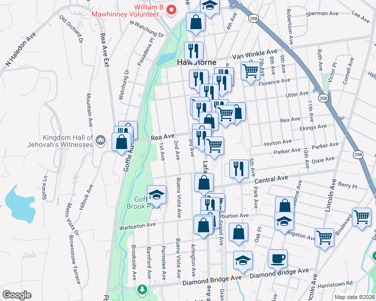 map of restaurants, bars, coffee shops, grocery stores, and more near 31 3rd Avenue in Hawthorne