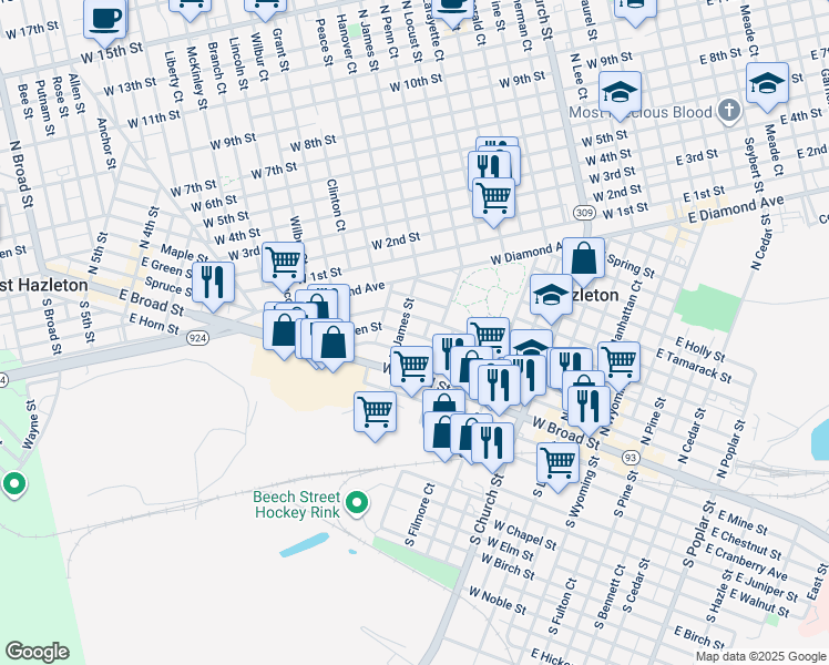 map of restaurants, bars, coffee shops, grocery stores, and more near in Hazleton