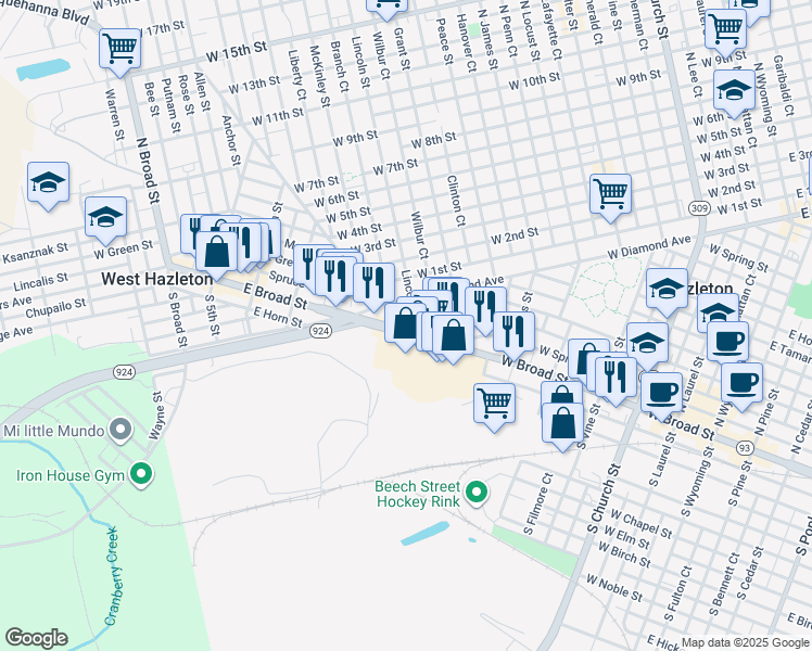 map of restaurants, bars, coffee shops, grocery stores, and more near 600-698 West Maple Street in Hazleton