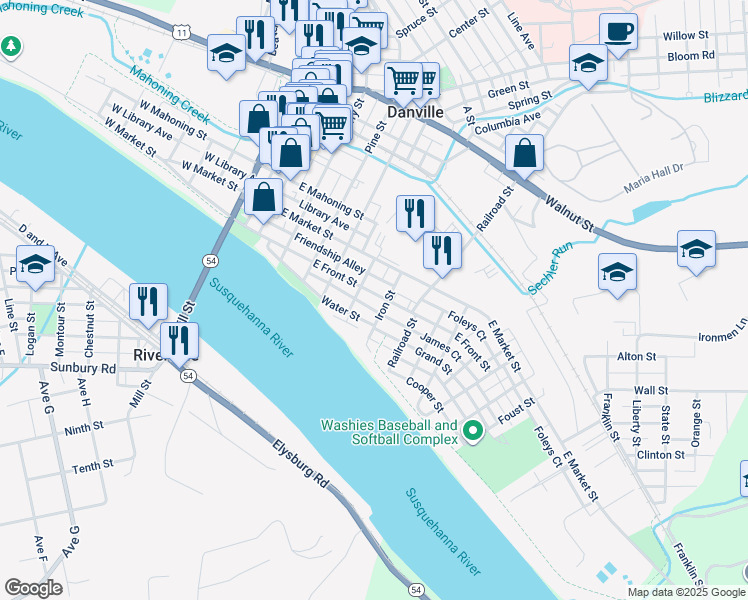 map of restaurants, bars, coffee shops, grocery stores, and more near 401-499 East Front Street in Danville