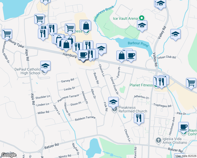 map of restaurants, bars, coffee shops, grocery stores, and more near 14 Burke Road in Wayne
