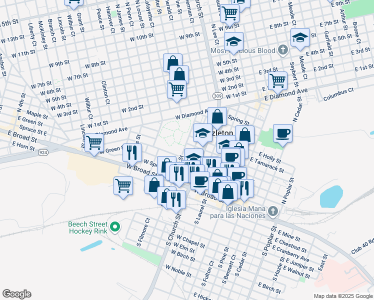 map of restaurants, bars, coffee shops, grocery stores, and more near 83 North Vine Street in Hazleton