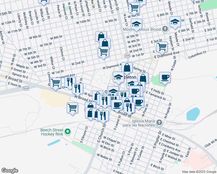 map of restaurants, bars, coffee shops, grocery stores, and more near 83 North Vine Street in Hazleton