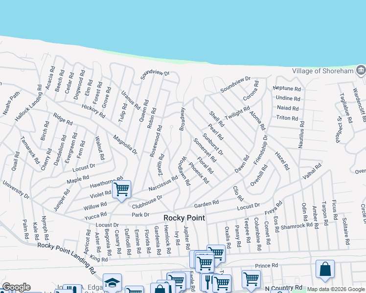 map of restaurants, bars, coffee shops, grocery stores, and more near 189 Broadway in Rocky Point
