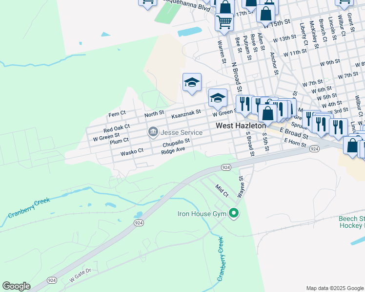 map of restaurants, bars, coffee shops, grocery stores, and more near 455 Ridge Avenue in West Hazleton
