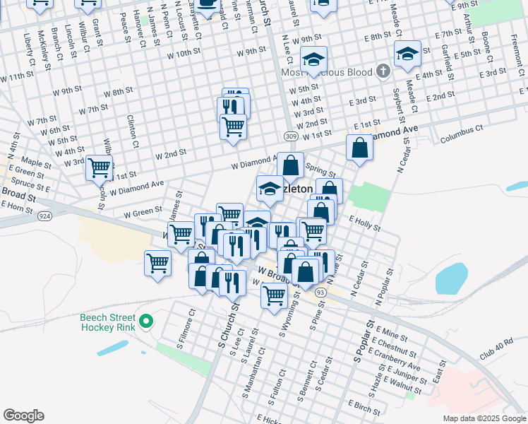 map of restaurants, bars, coffee shops, grocery stores, and more near 200-226 West Hemlock Street in Hazleton