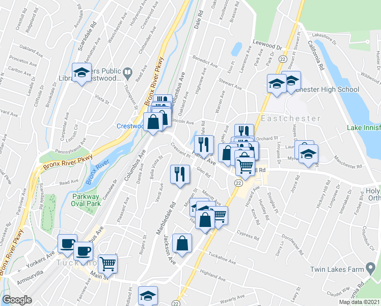 map of restaurants, bars, coffee shops, grocery stores, and more near 64 Fisher Avenue in Tuckahoe