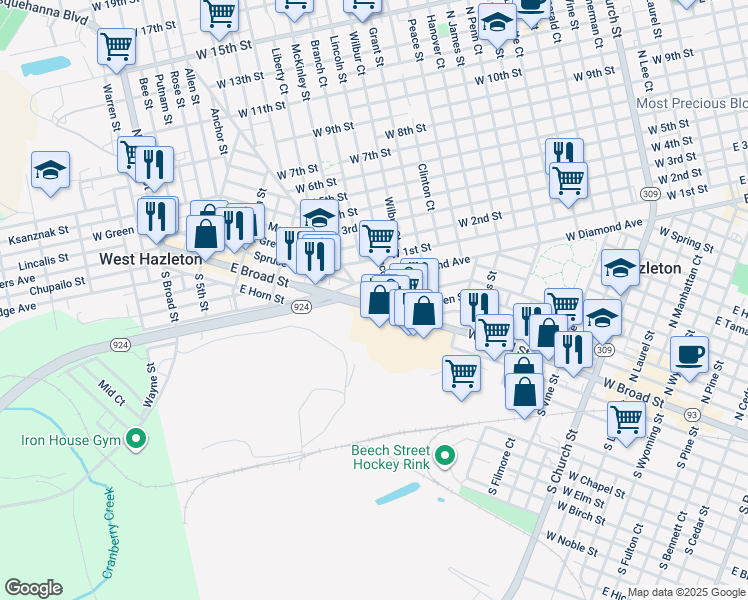 map of restaurants, bars, coffee shops, grocery stores, and more near 701 West Broad Street in Hazleton