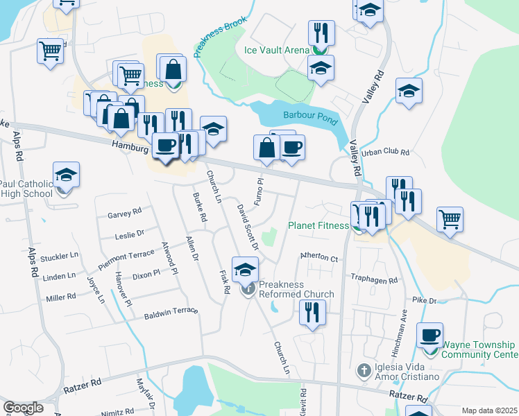 map of restaurants, bars, coffee shops, grocery stores, and more near 10 Furno Place in Wayne
