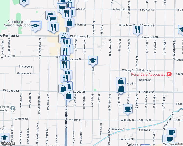 map of restaurants, bars, coffee shops, grocery stores, and more near 553-565 Union Street in Galesburg