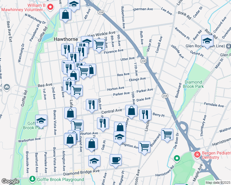 map of restaurants, bars, coffee shops, grocery stores, and more near 49 Parker Avenue in Hawthorne