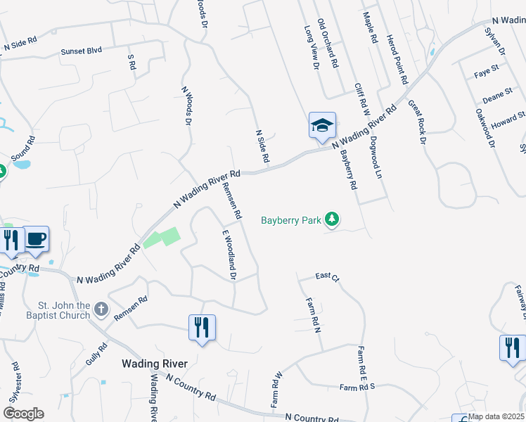 map of restaurants, bars, coffee shops, grocery stores, and more near 2379 North Wading River Road in Wading River