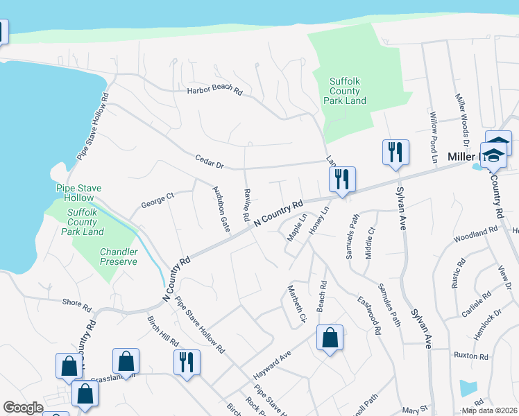 map of restaurants, bars, coffee shops, grocery stores, and more near 27 Ravine Road in Miller Place