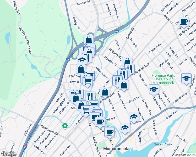 map of restaurants, bars, coffee shops, grocery stores, and more near 625 Willow Street in Mamaroneck