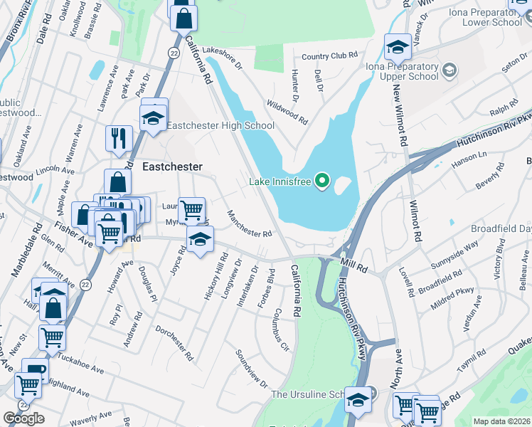 map of restaurants, bars, coffee shops, grocery stores, and more near 1211 California Road in Eastchester
