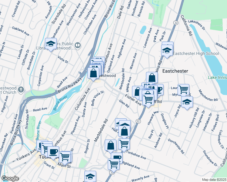 map of restaurants, bars, coffee shops, grocery stores, and more near 64 Fisher Avenue in Tuckahoe