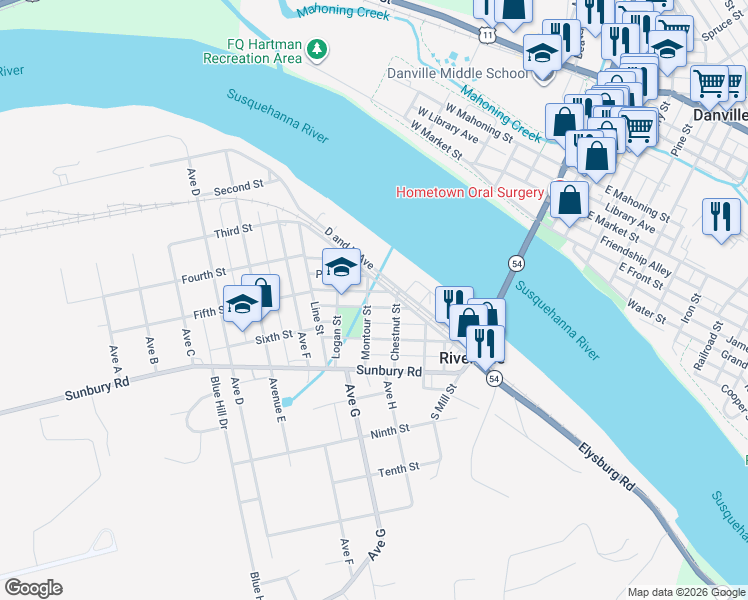 map of restaurants, bars, coffee shops, grocery stores, and more near 216 Dewart Street in Danville