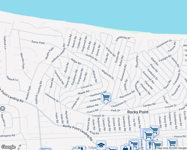 map of restaurants, bars, coffee shops, grocery stores, and more near 2 Walnut Road in Rocky Point