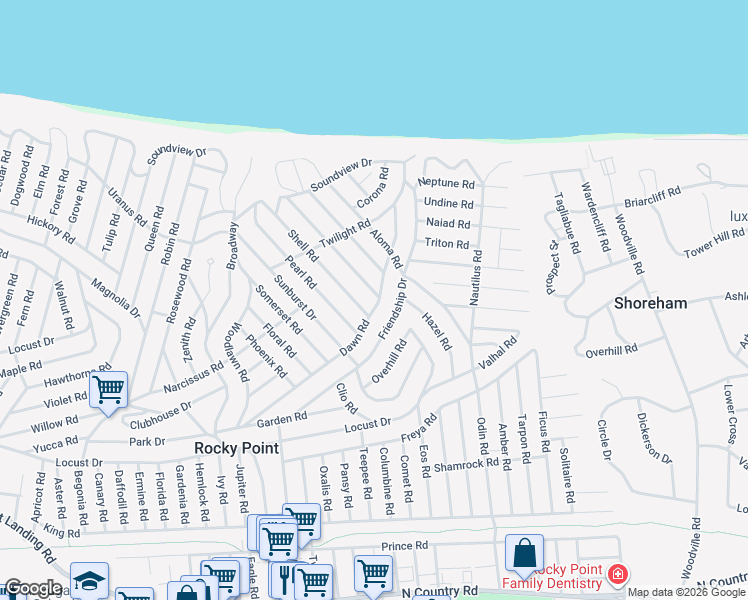 map of restaurants, bars, coffee shops, grocery stores, and more near 95 Dawn Road in Rocky Point