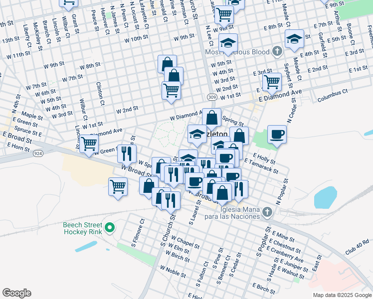 map of restaurants, bars, coffee shops, grocery stores, and more near 232 West Hemlock Street in Hazleton
