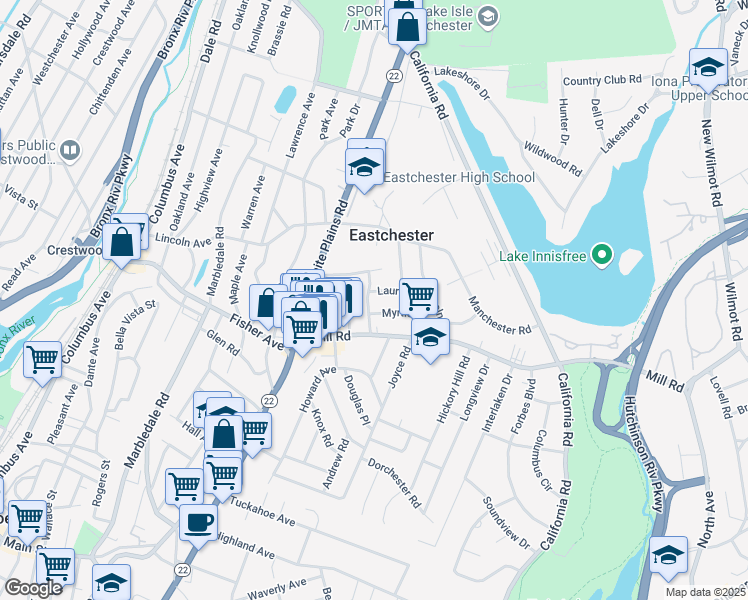 map of restaurants, bars, coffee shops, grocery stores, and more near 14 Lorraine Drive in Eastchester